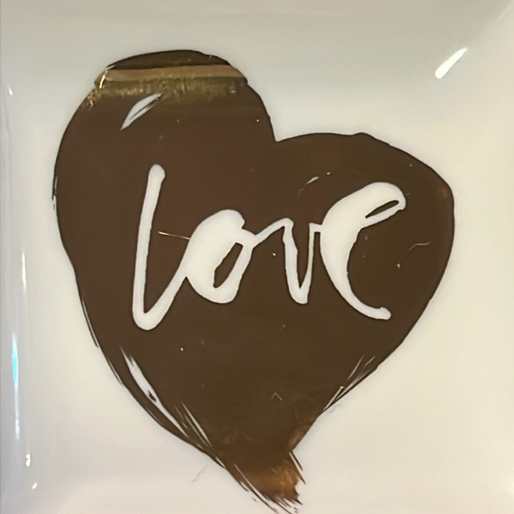 artful metallic gold heart with “Love” inside…porcelain tray in gift box-NIB